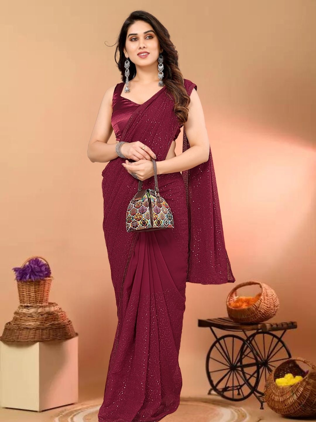 

KAZIA Embellished Sequined Ready To Wear Saree, Burgundy