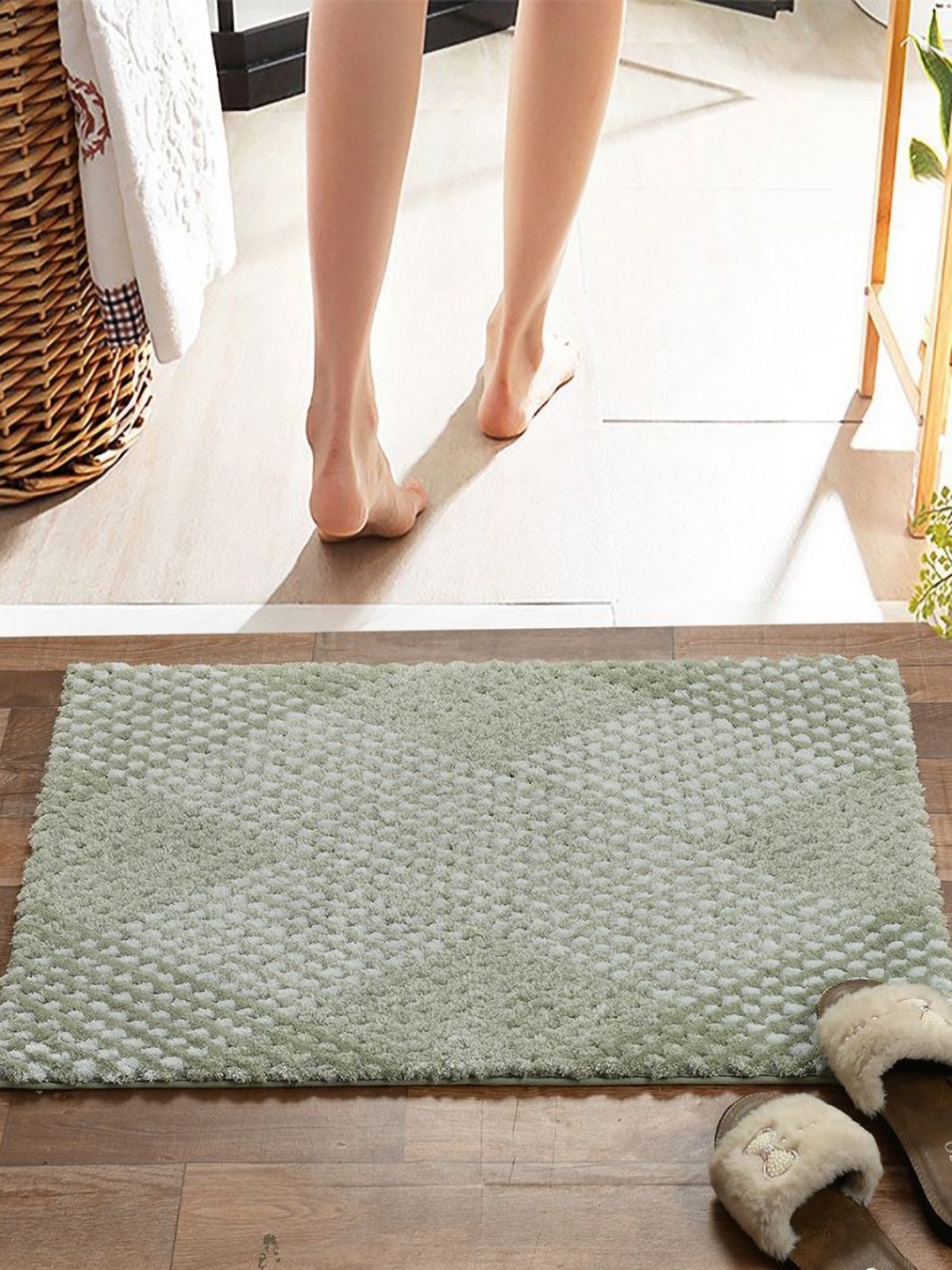 

Pano Brown Waffle Pile Tufted 2000 GSM Anti-Skid Bath Rugs, Green