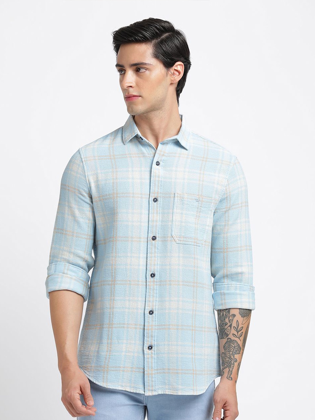 

Blue Buddha Men Comfort Spread Collar Tartan Checked Cotton Slim Fit Casual Shirt