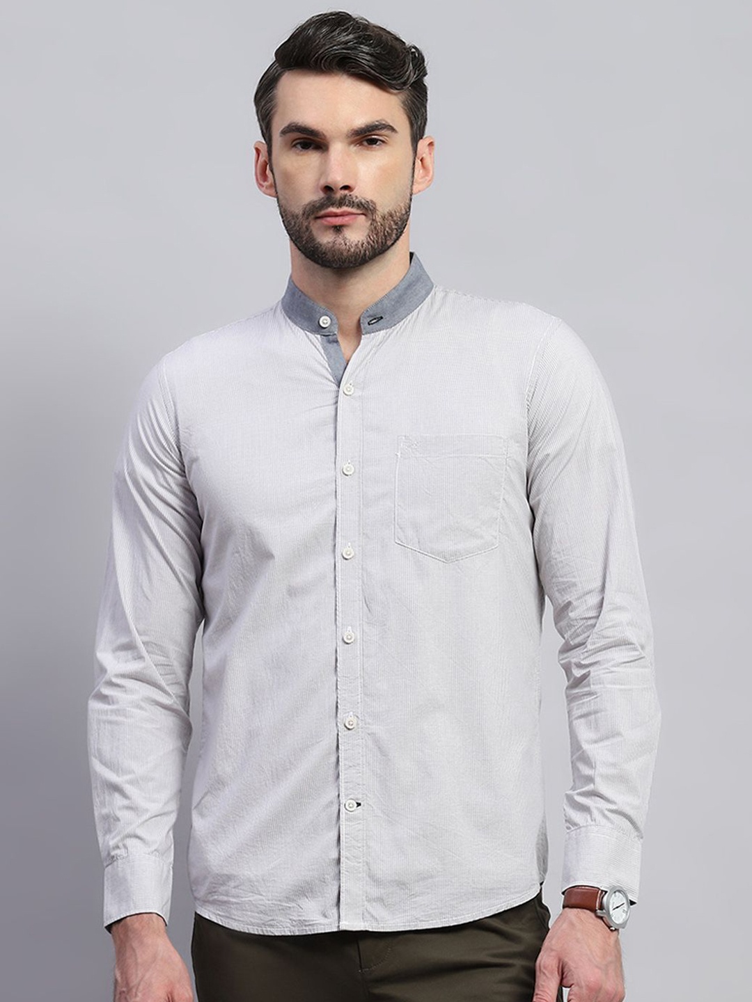 

Monte Carlo Men Band Collar Solid Cotton Casual Shirt, Grey