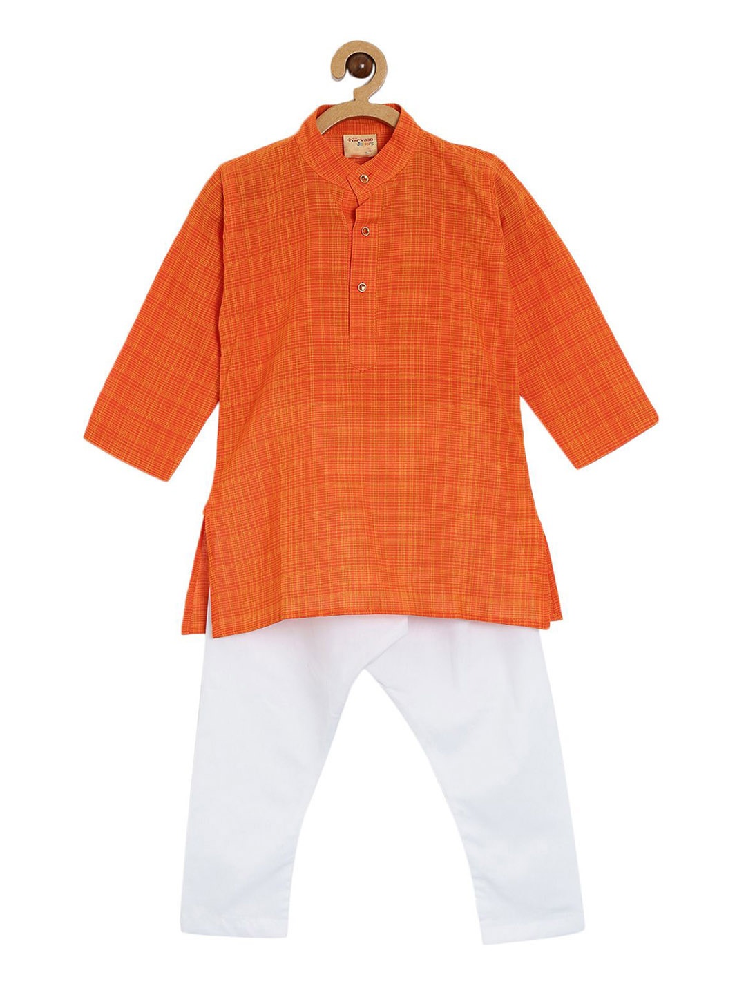 

NIRVAAN Boys Band Collar Pure Cotton Straight Kurta with Pyjamas, Orange