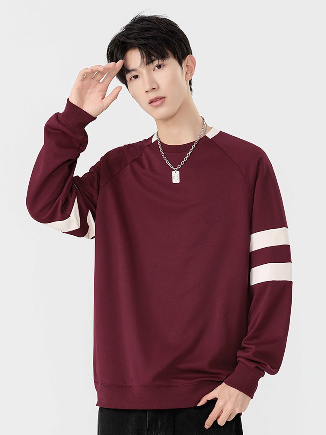 

StyleCast x Revolte Men Solid Round Neck Pullover Sweatshirt, Maroon