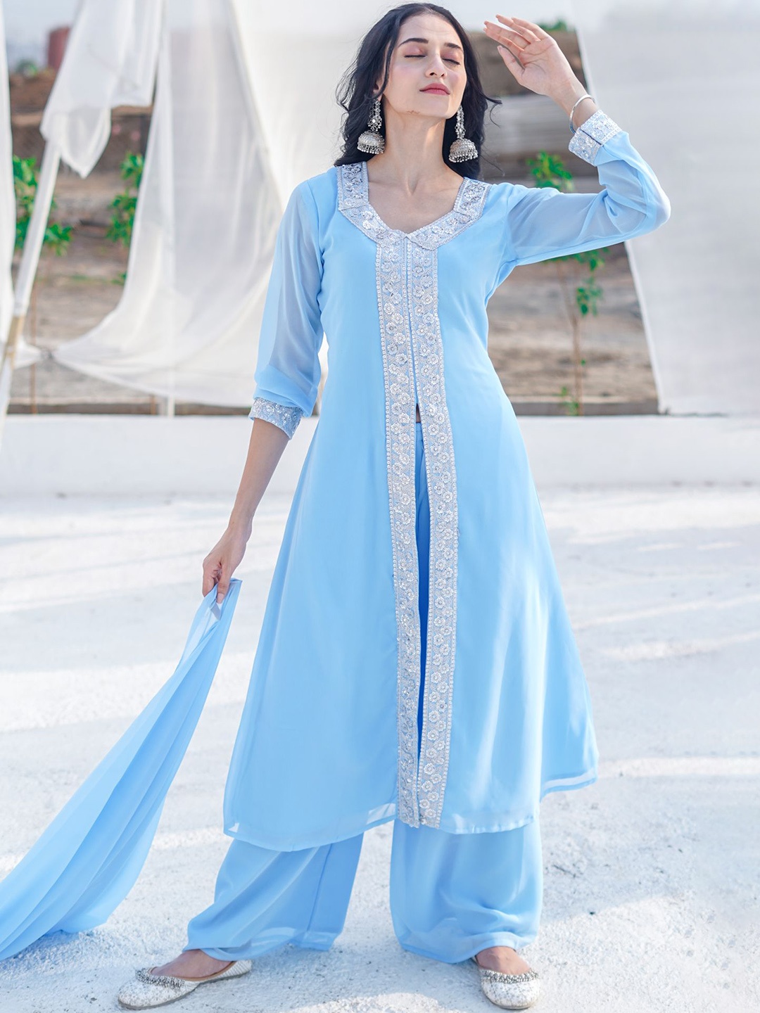 

GO BOUJEE Floral Yoke Design Georgette A-Line Kurta With Palazzos & Dupatta, Blue