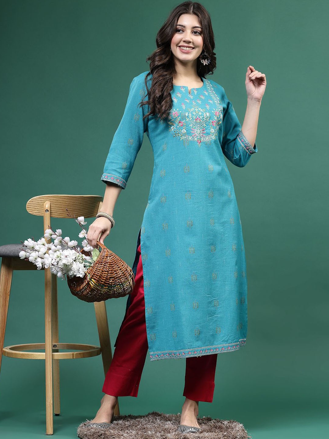 

Sangria Women Cotton Floral Embroidered Straight Kurtas, Turquoise blue