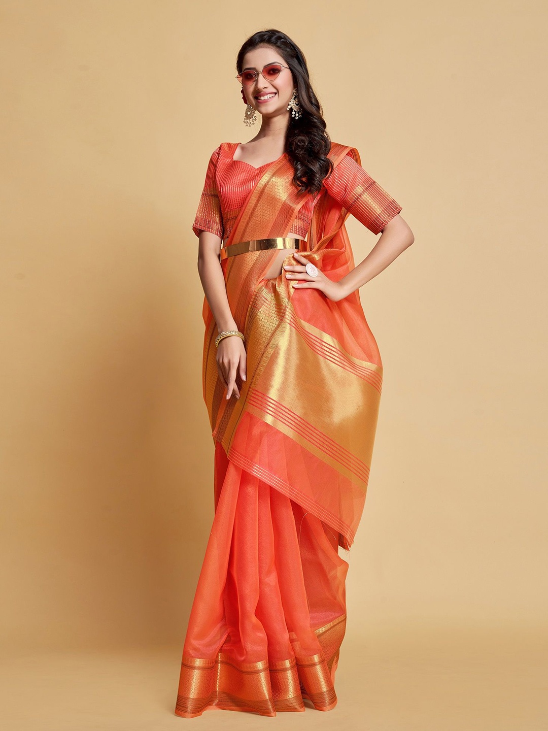 

MAHALASA Ethnic Motifs Zari Organza Saree, Peach