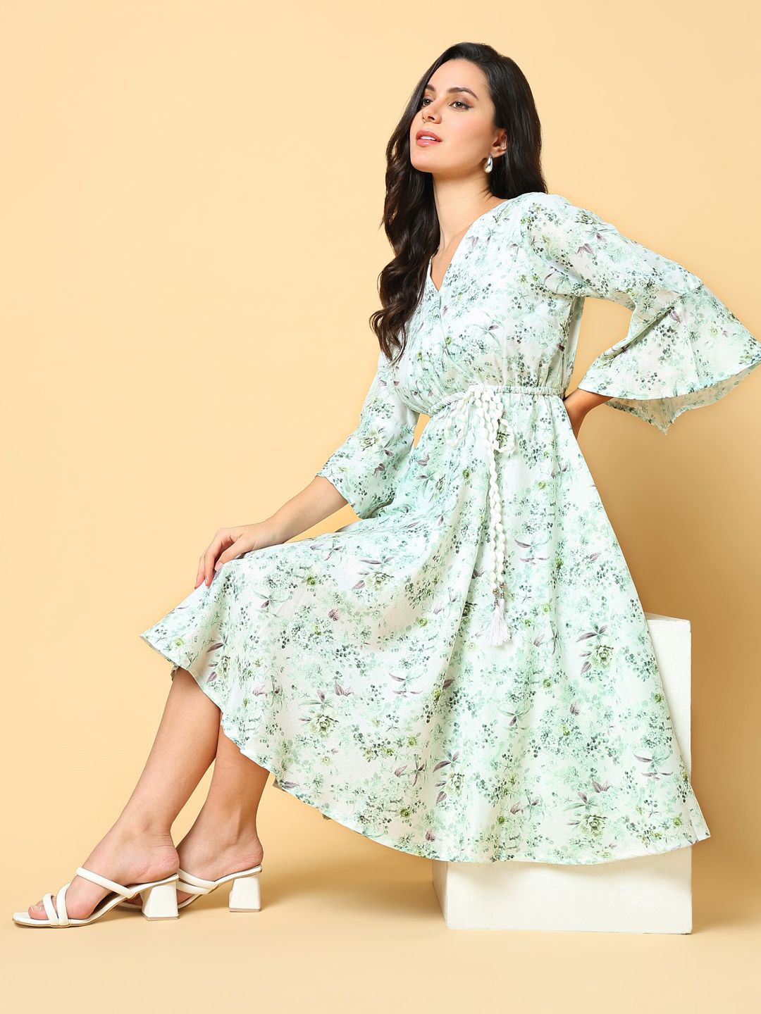 

SHOWOFF Women Floral Print Bell Sleeve Fit & Flare Dress, White