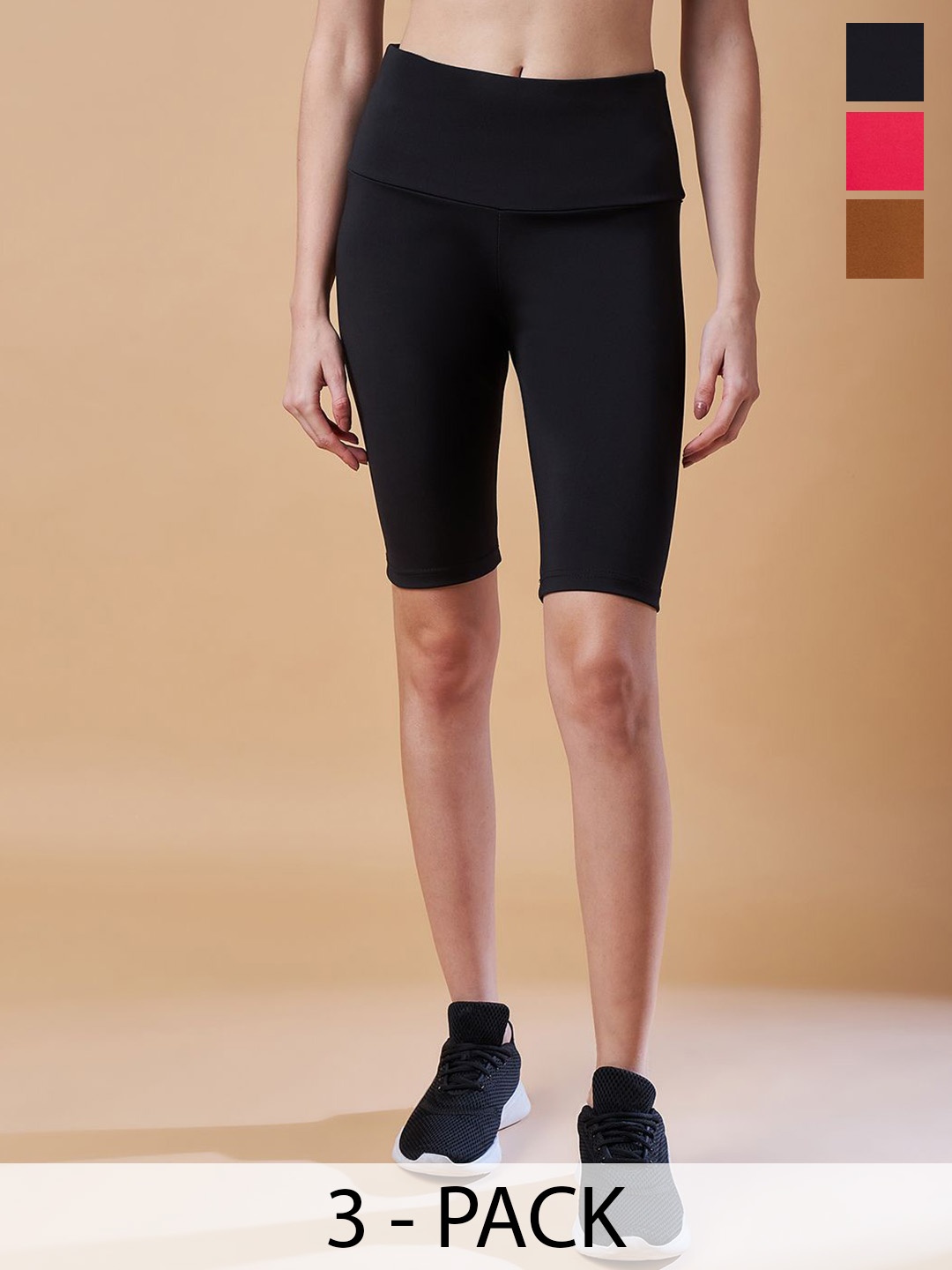 

COLOR CAPITAL Pack Of 3 Women Solid High Rise Above Knee Gym Tights, Black
