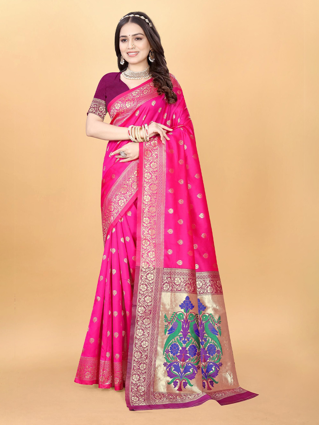 

VenderVilla Woven Design Paithani Saree, Pink