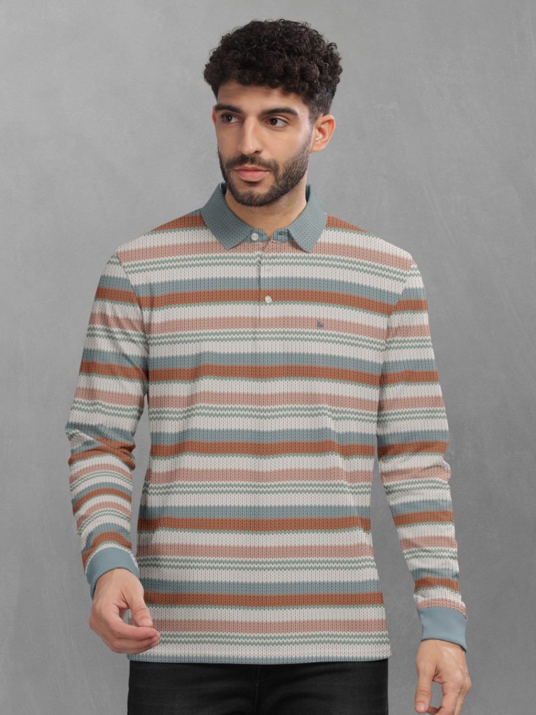 

BULLMER Men Striped Polo Collar Cotton T-shirt, Green