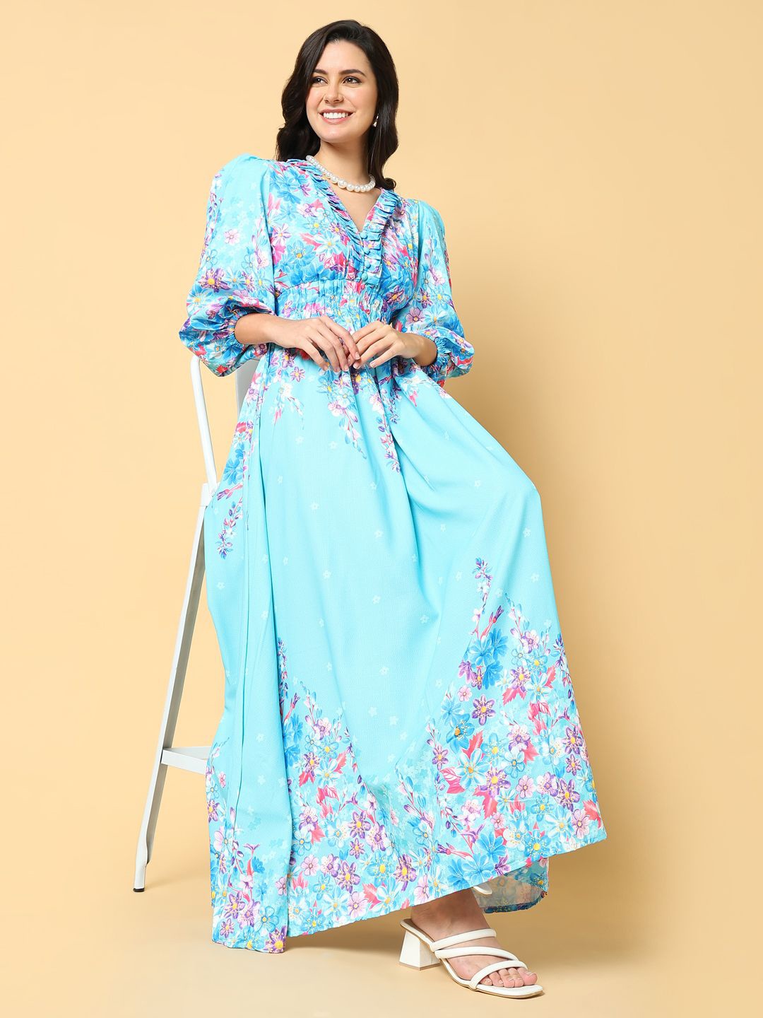 

SHOWOFF Women Floral Print Puff Sleeve Ruffled Fit & Flare Maxi Dress, Blue