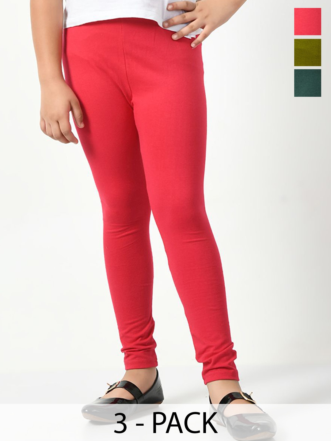 

KAYU Girls Cotton Pack Of 3 Ankle Length Leggings, Red