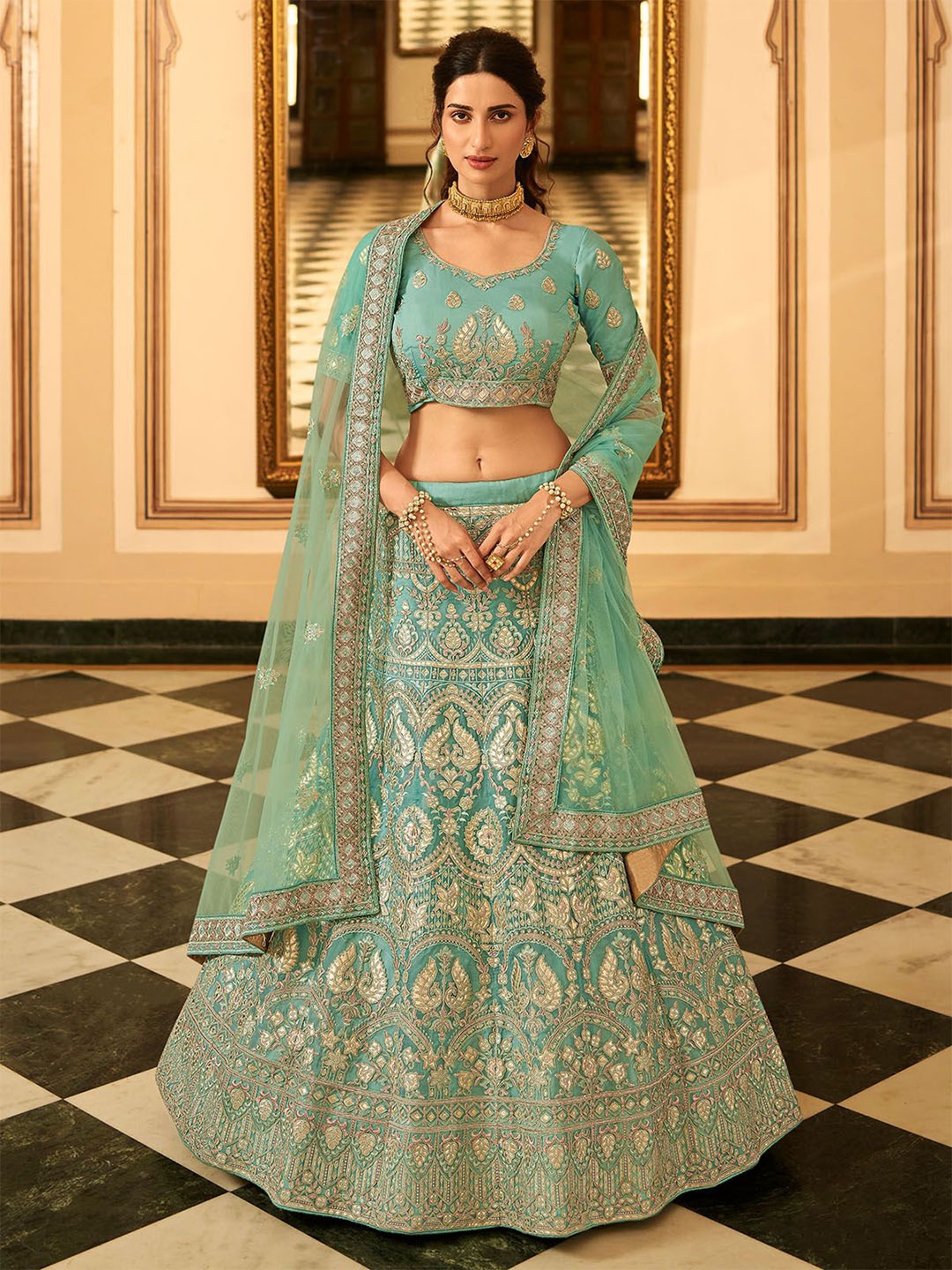 

ODETTE Embroidered Semi-Stitched Lehenga & Blouse With Dupatta, Sea green