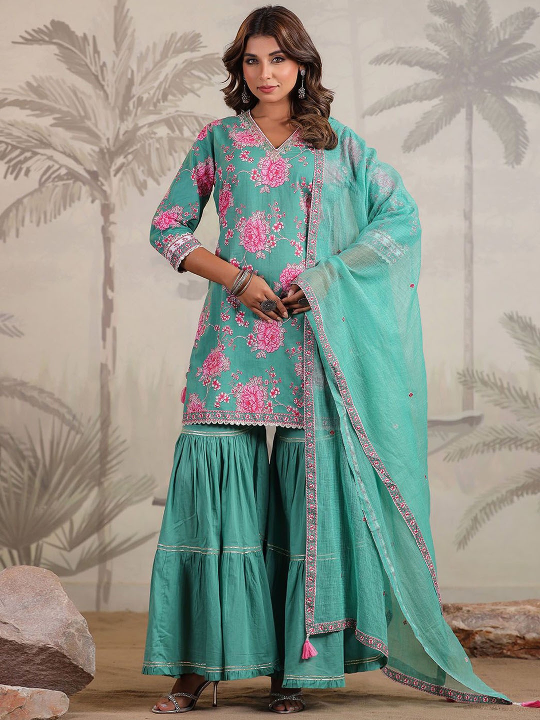 

Meena Bazaar Floral Printed Beads and Stones Kurti with Sharara & Dupatta, Sea green