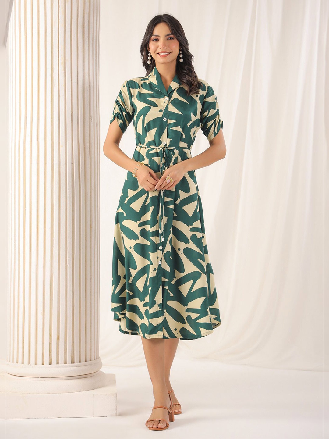 

JISORA Women Embellished Print A-Line Dress, Green