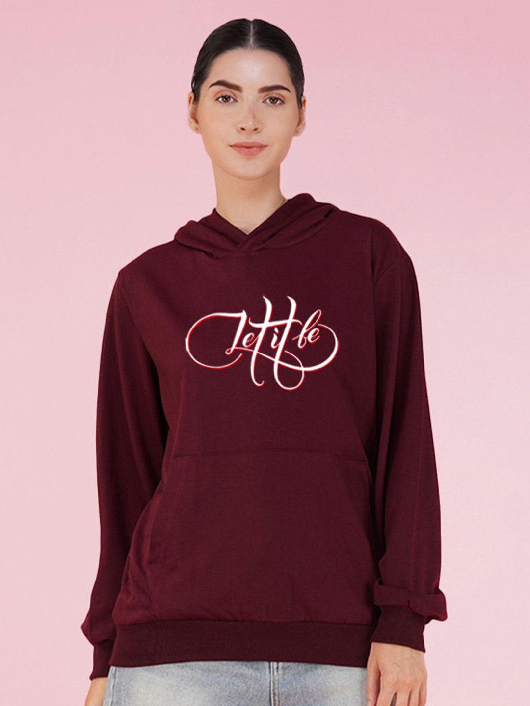 

NUSYL Women Graphic Printed Oversized Hooded Sweatshirt, Maroon