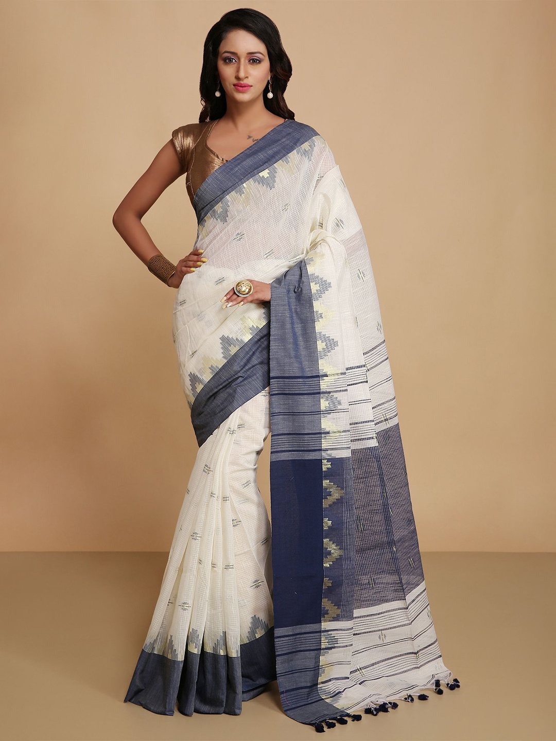 

WoodenTant Ethnic Motifs Silk Cotton Saree, Off white