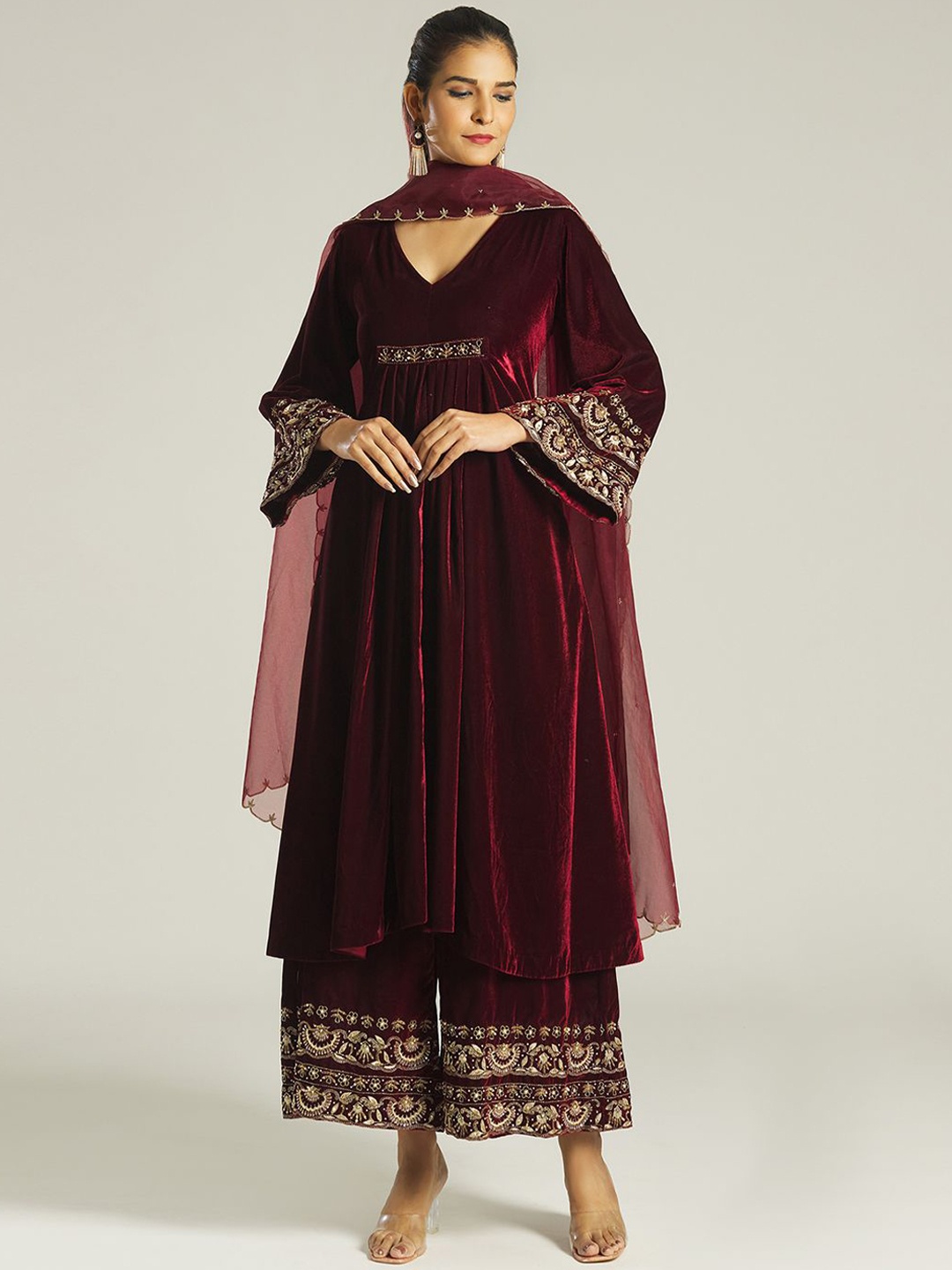 

Samyukta Singhani Floral Embroidered Anarkali Kurta with Palazzos & Dupatta, Maroon