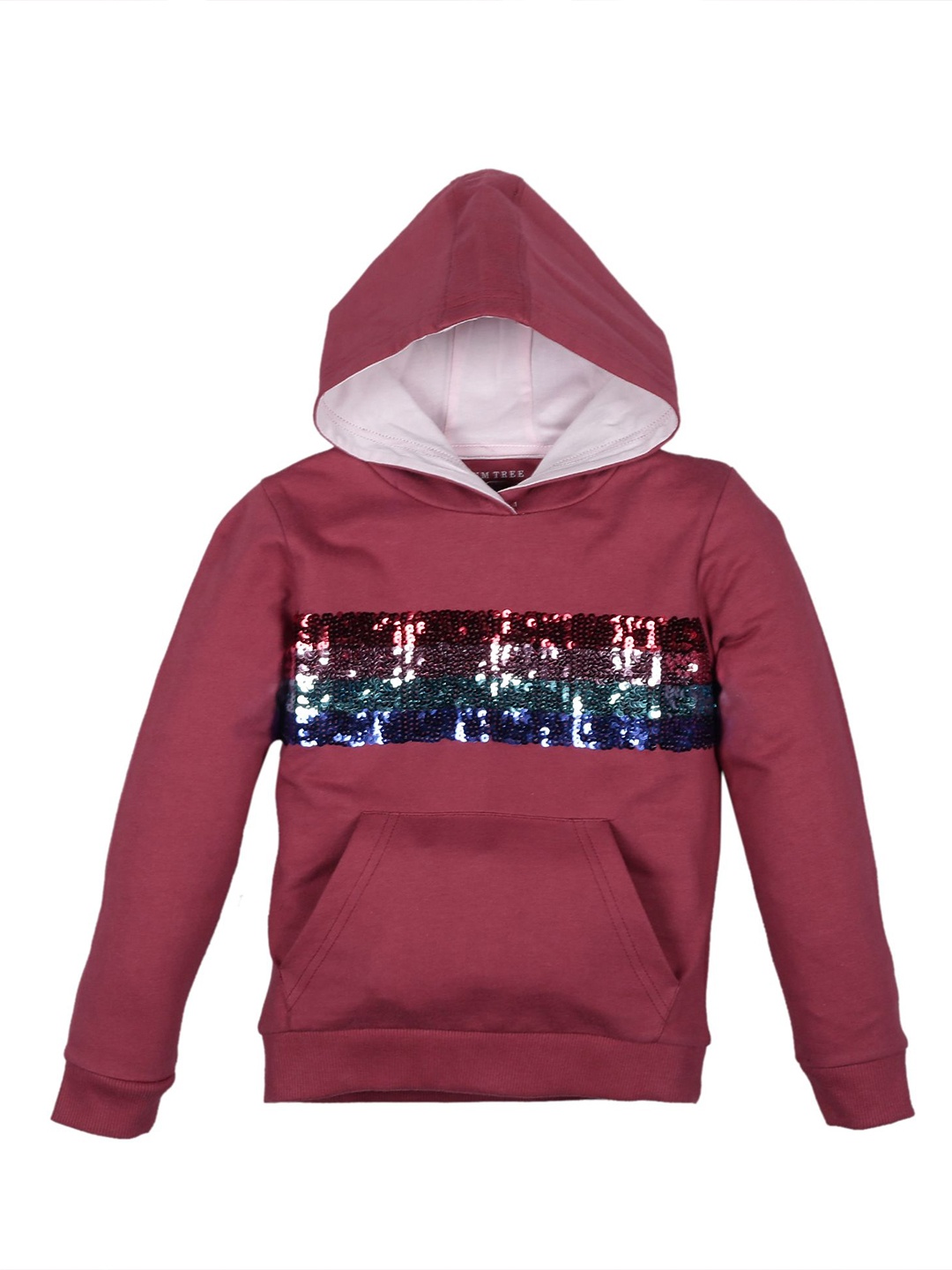 

PLUM TREE Girls Striped Embellished Hood Cotton Pullover Sweatshirt, Pink