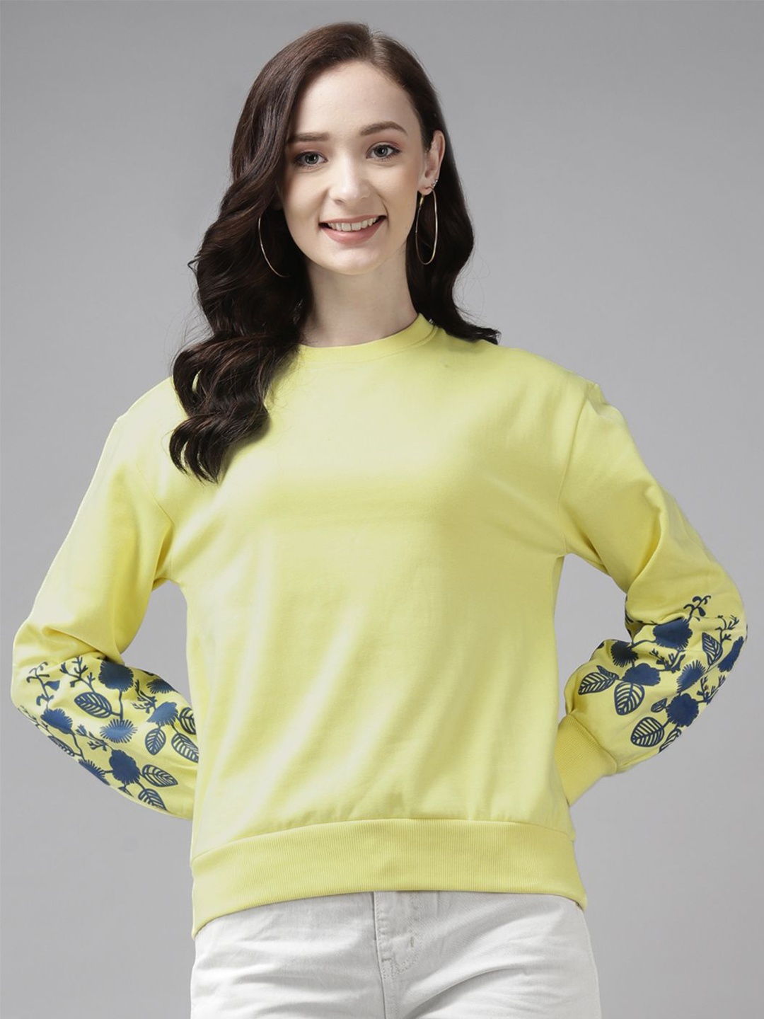 

Cayman Women Floral Printed Round Neck Cotton Pullover Sweatshirt, Yellow