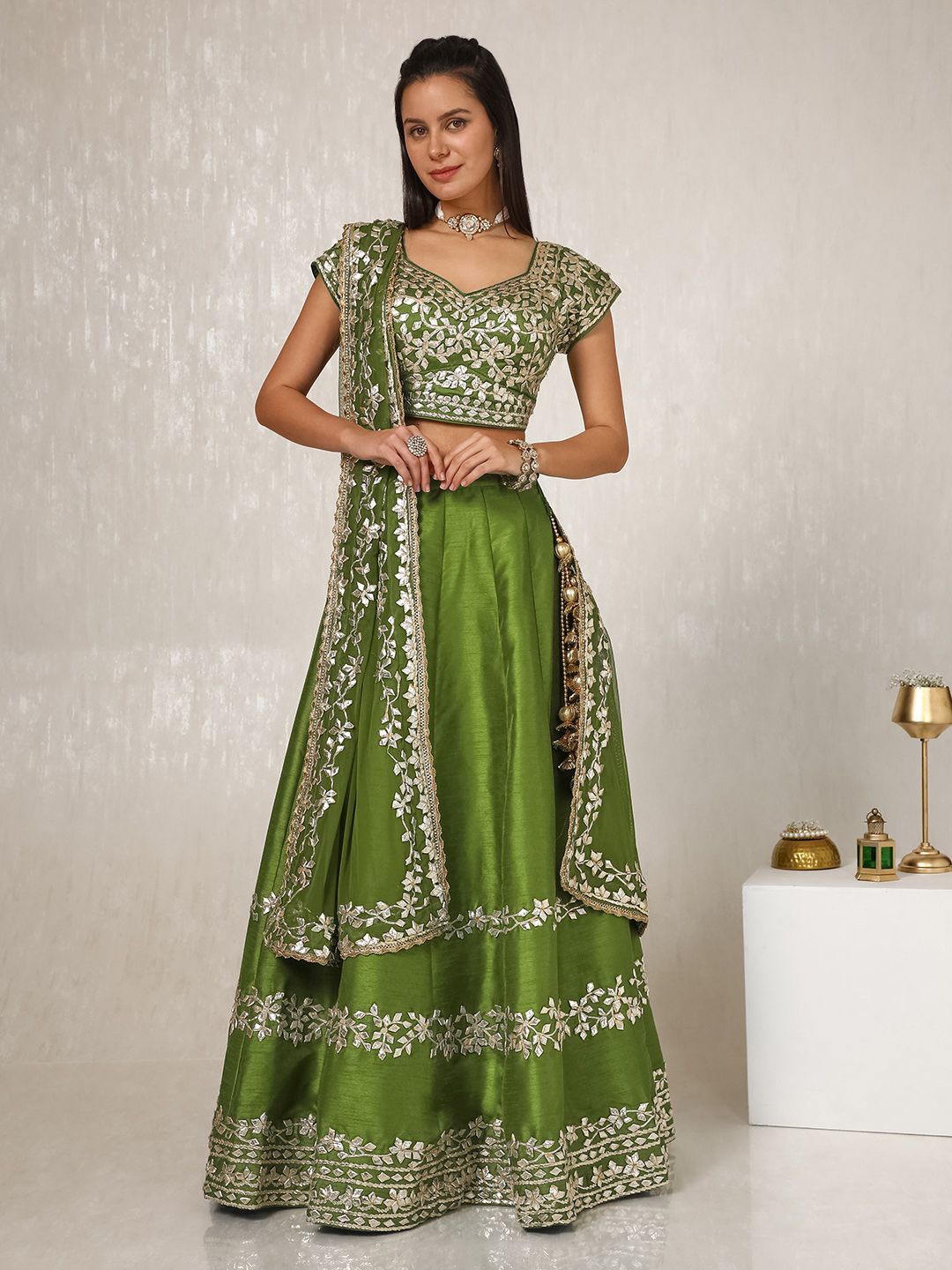 

Soch Floral Embellished Ready to Wear Lehenga & Blouse With Dupatta, Olive