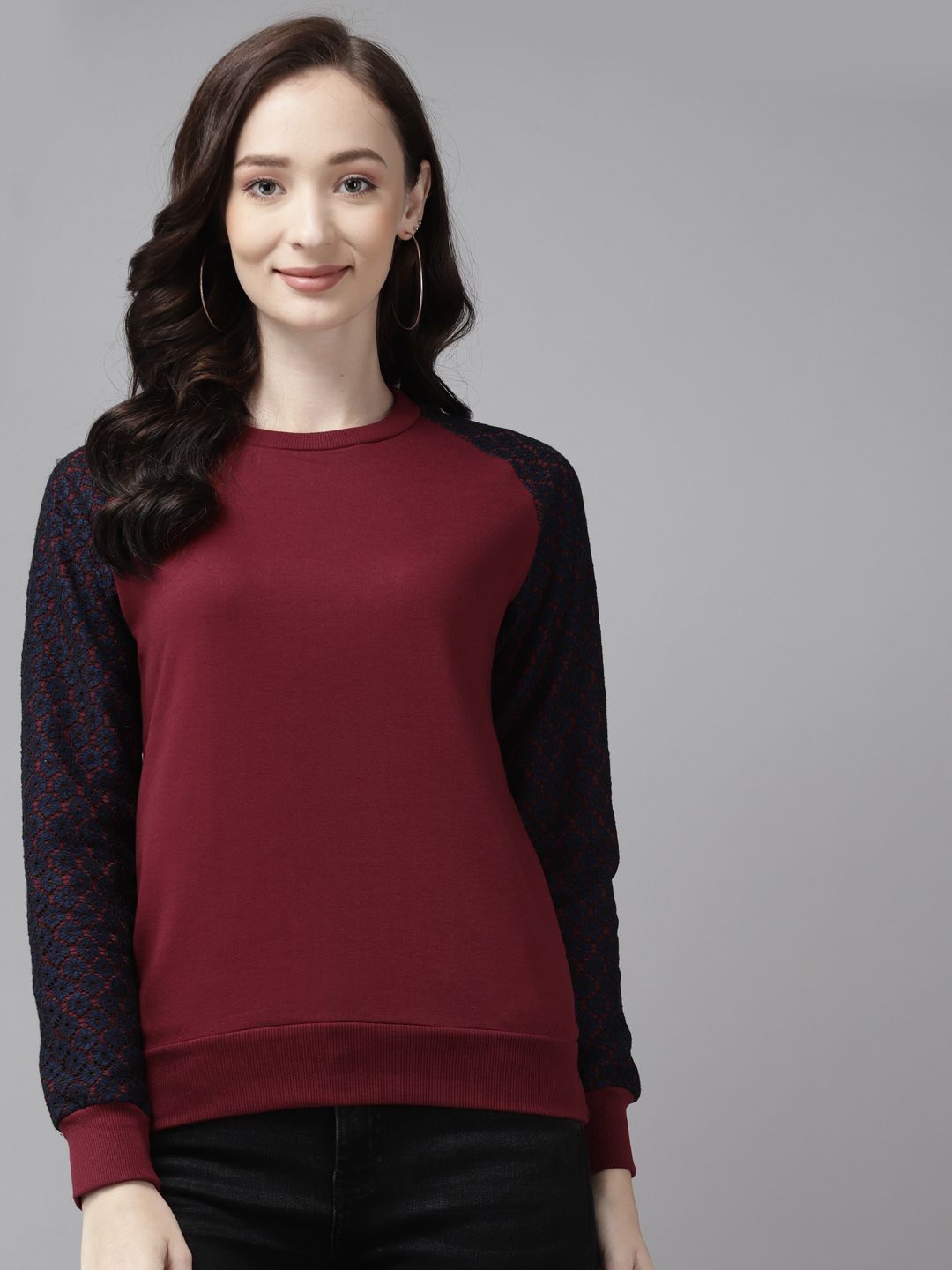 

Cayman Women Solid Round Neck Cotton Pullover Sweatshirt, Maroon