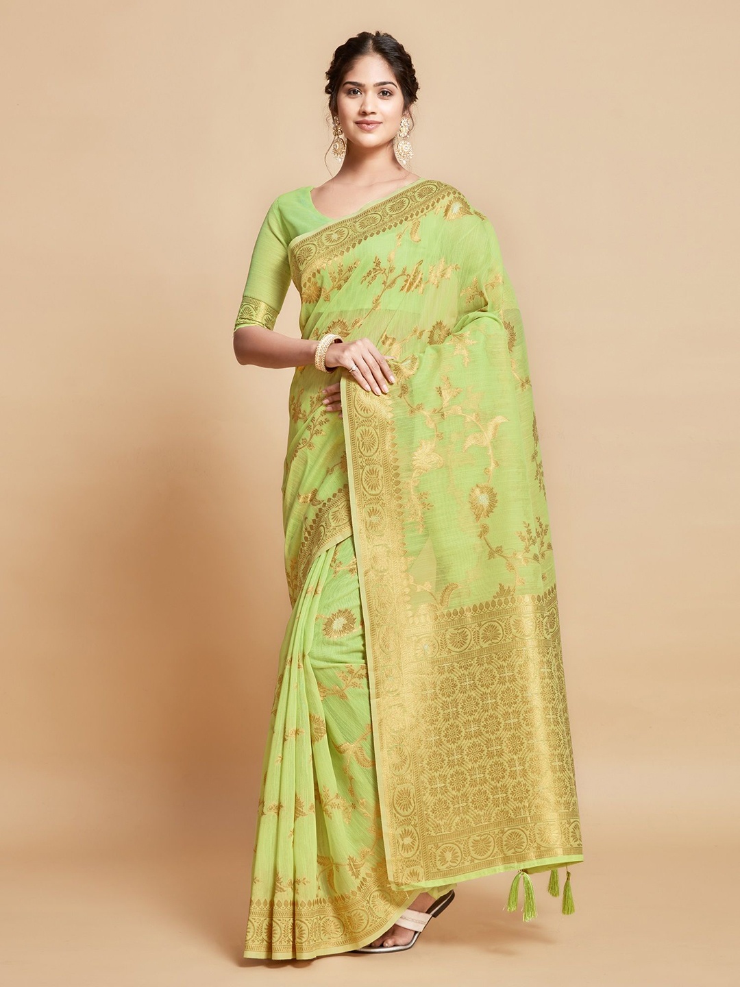 

MAHALASA Woven Design Zari Linen Saree, Green