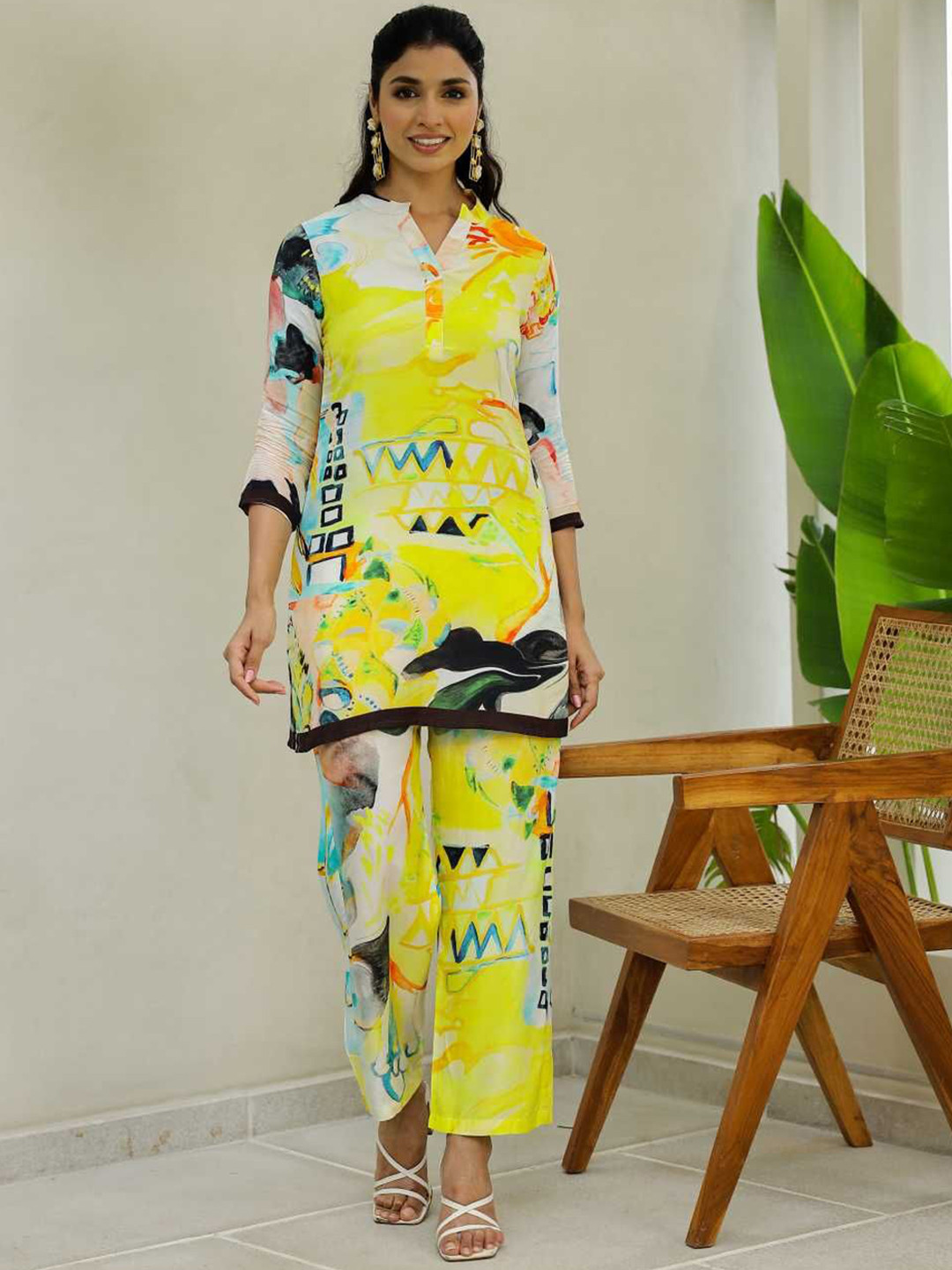 

FLAVIA CREATION Women Printed Pure Cotton Tunic & Trouser Co-Ords, Yellow