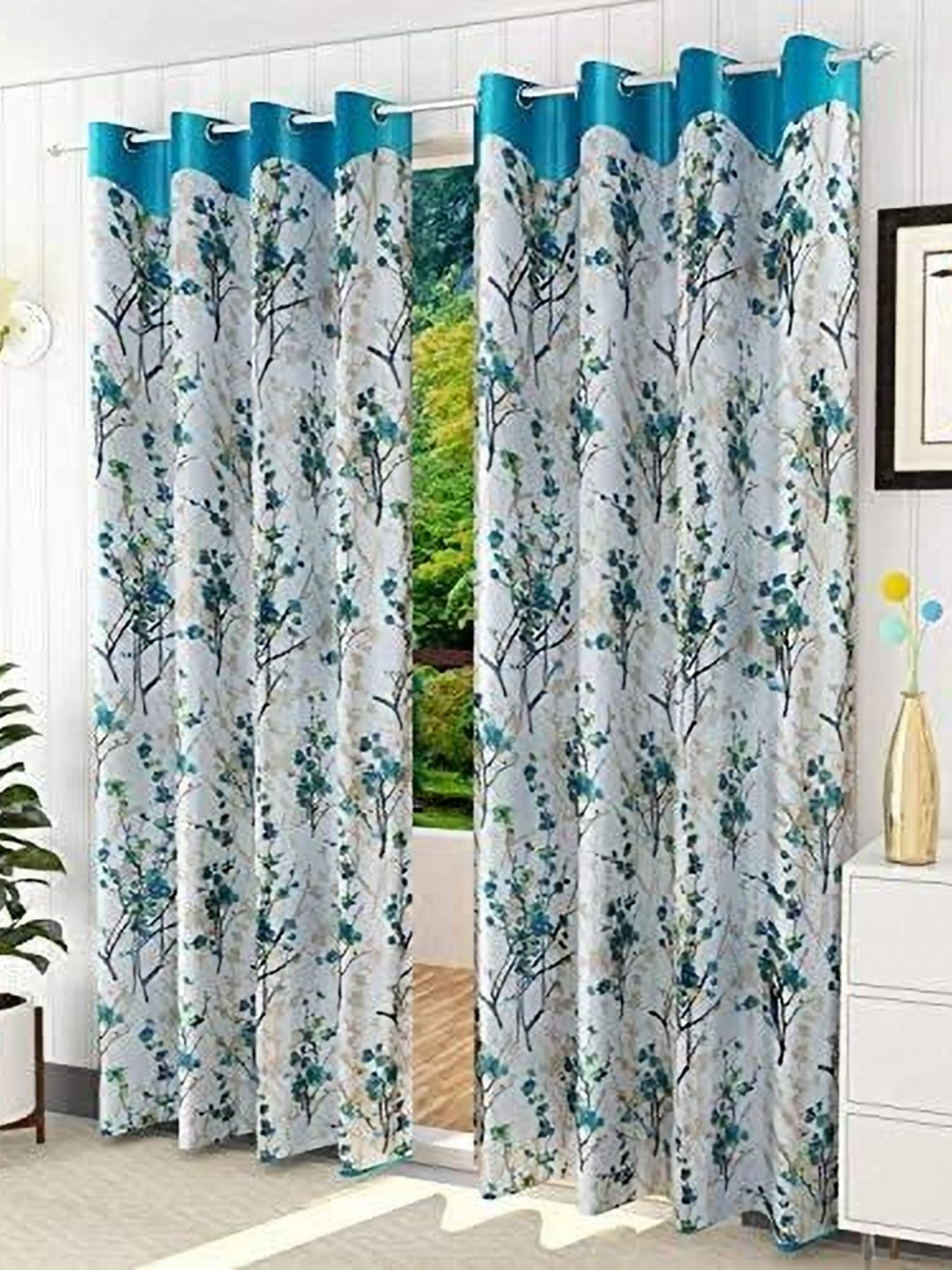 

Banchmark Home Furnishin Set Of 2 White & Blue Printed Light Filtering Curtains