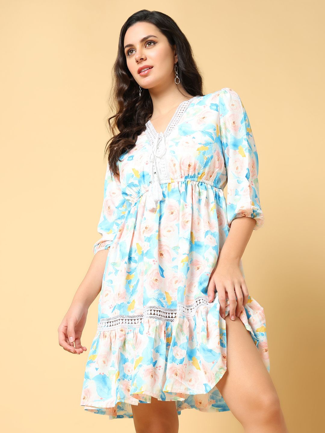 

SHOWOFF Women Floral Printed Puff Sleeves Fit & Flare Dress, Pink