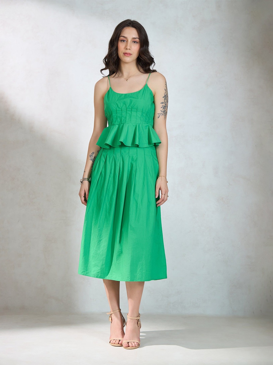 

Virgio Shoulder Straps Pure Cotton Pleated Top With Skirt, Green