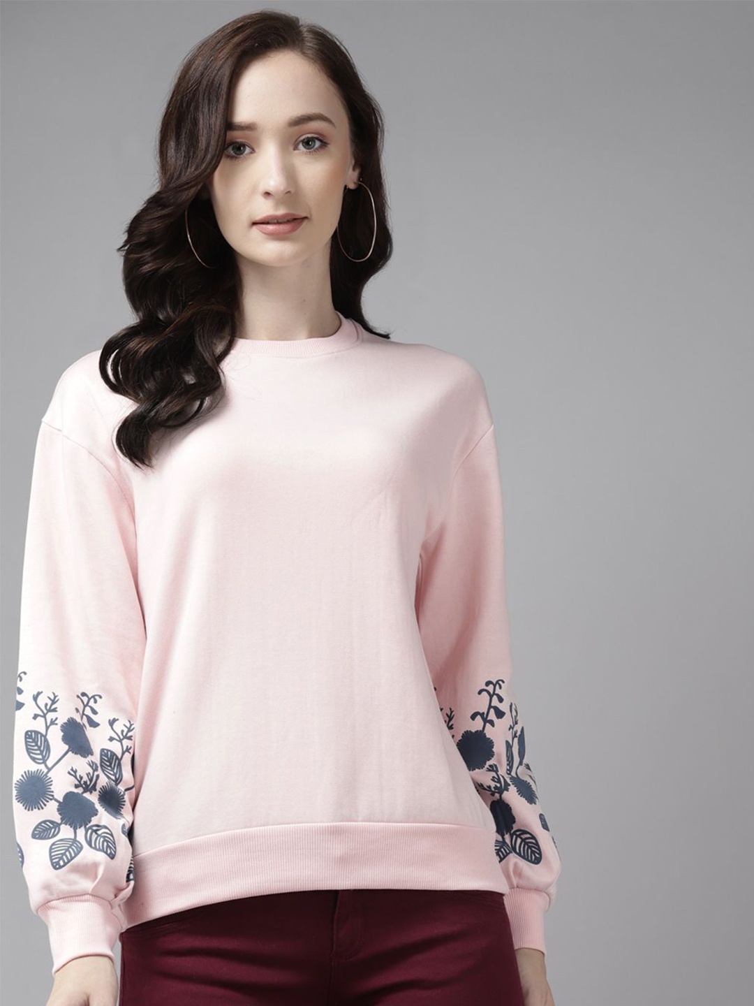 

Cayman Women Floral Printed Round Neck Cotton Pullover Sweatshirt, Pink