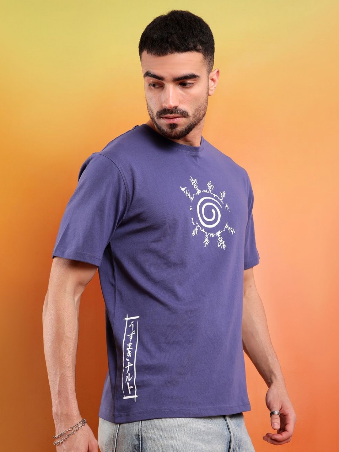 

WROGN Men Graphic Printed Round Neck Pure Cotton Relaxed Fit T-shirt, Blue