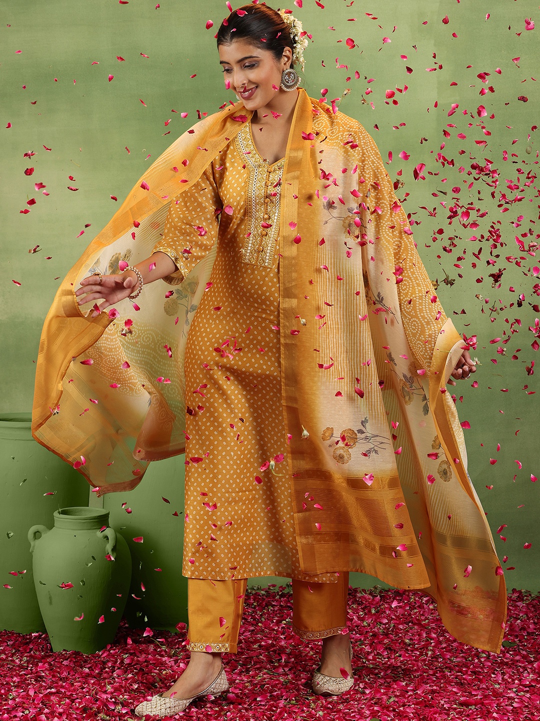 

Libas Bandhani Printed V-Neck Mirror Work Straight Kurta With Trousers & Dupatta, Mustard
