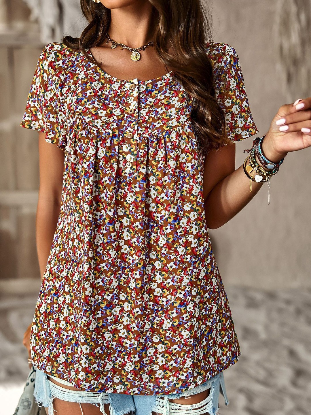 

StyleCast Women Floral Printed Round Neck Top, Brown
