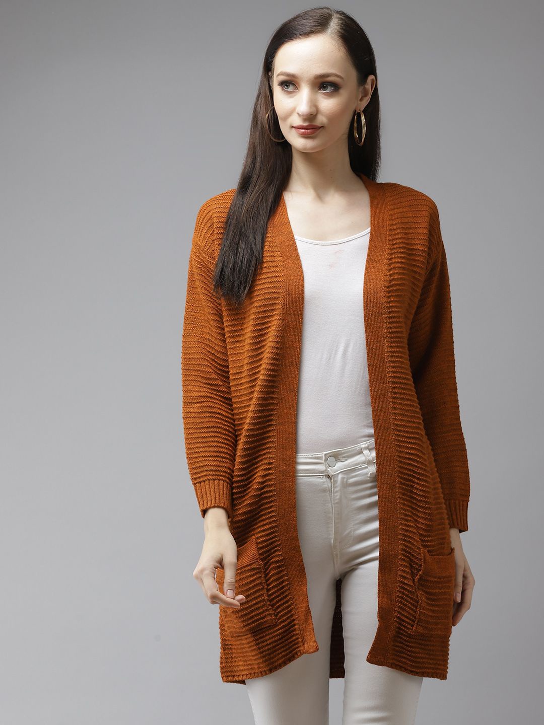 

Cayman Self Design Longline Open Front Shrug, Orange