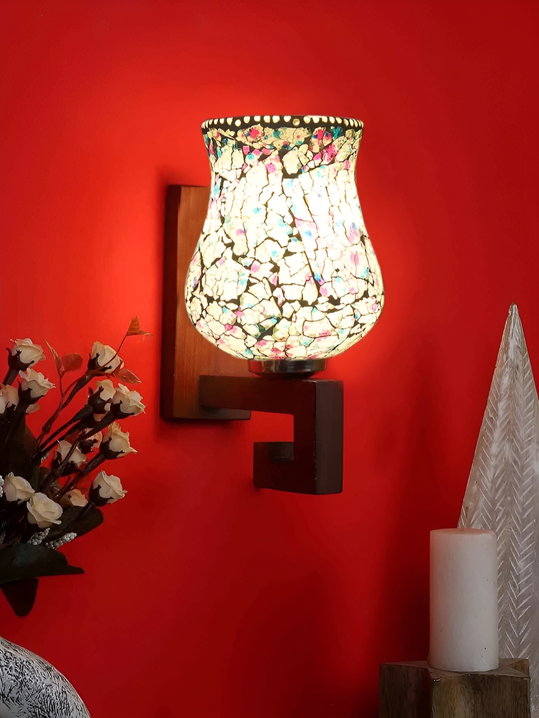 

Devansh White & Brown Printed Bell Shaped Contemporary Mosaic Glass Wall Lamp