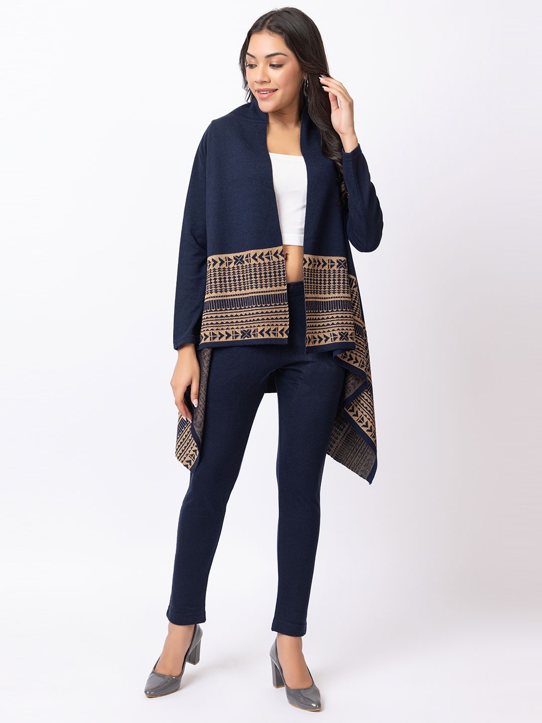 

KEIKO Women Self Design Shrug, Navy blue