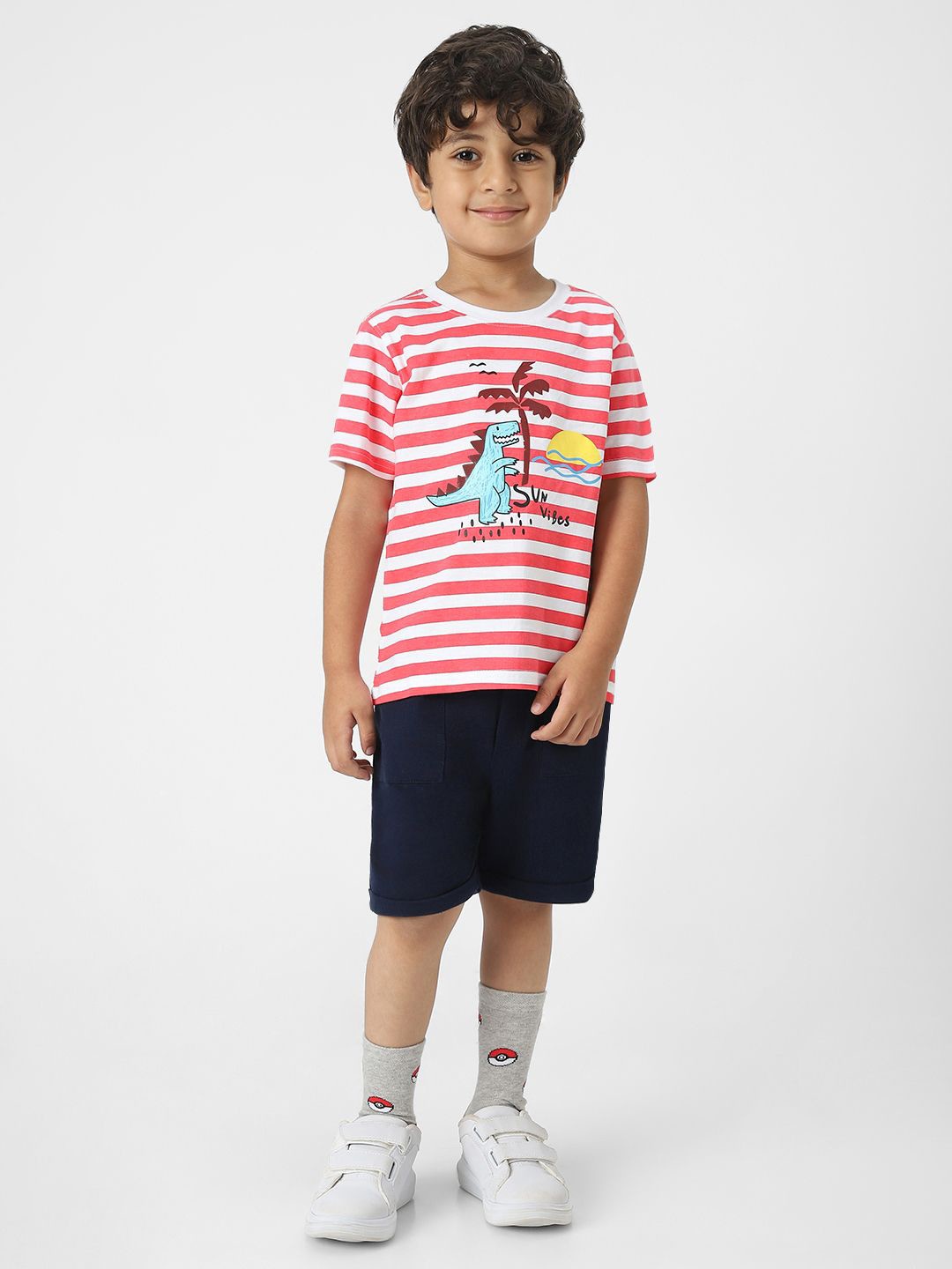 

Nautinati Boys' Cotton Dino Printed T-shirt and Denim Shorts, Red
