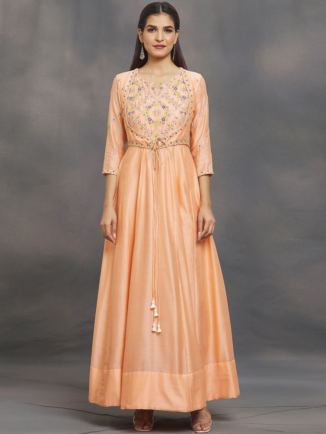 

Samyukta Singhani Embroidered Maxi Ethnic Dress With Dupatta, Orange