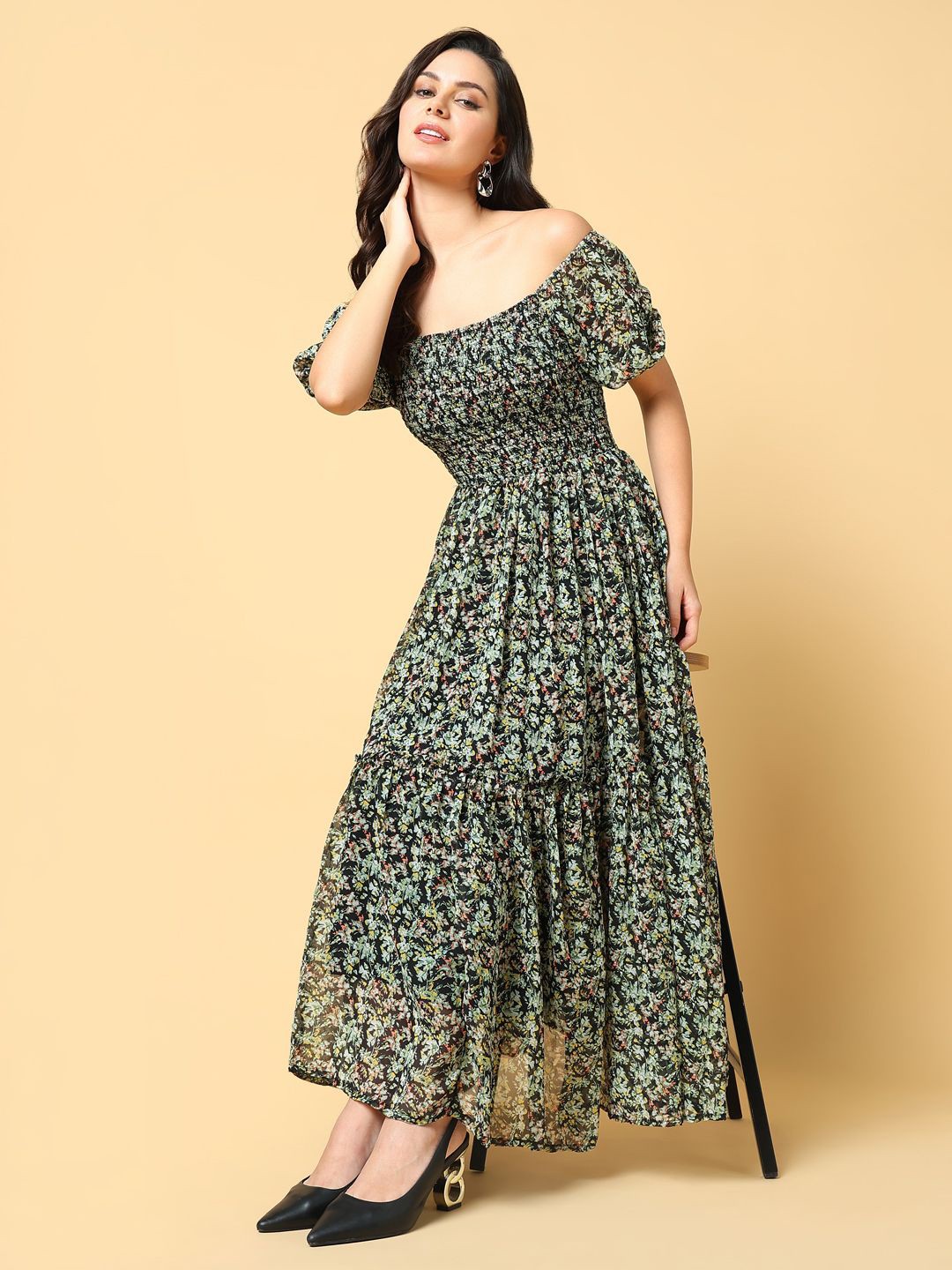 

SHOWOFF Women Floral Printed Off-Shoulder Puff Sleeve Fit & Flare Maxi Dress, Green