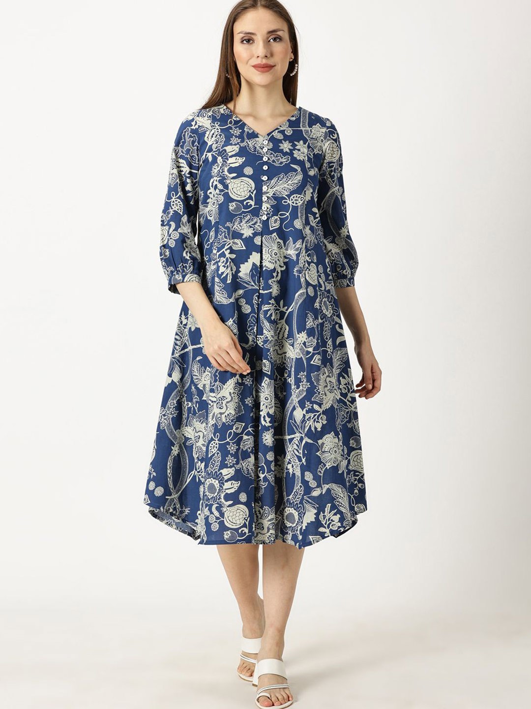

Saffron Threads Women Tropical Printed Cotton Puff Sleeve A-Line Midi Dress, Blue