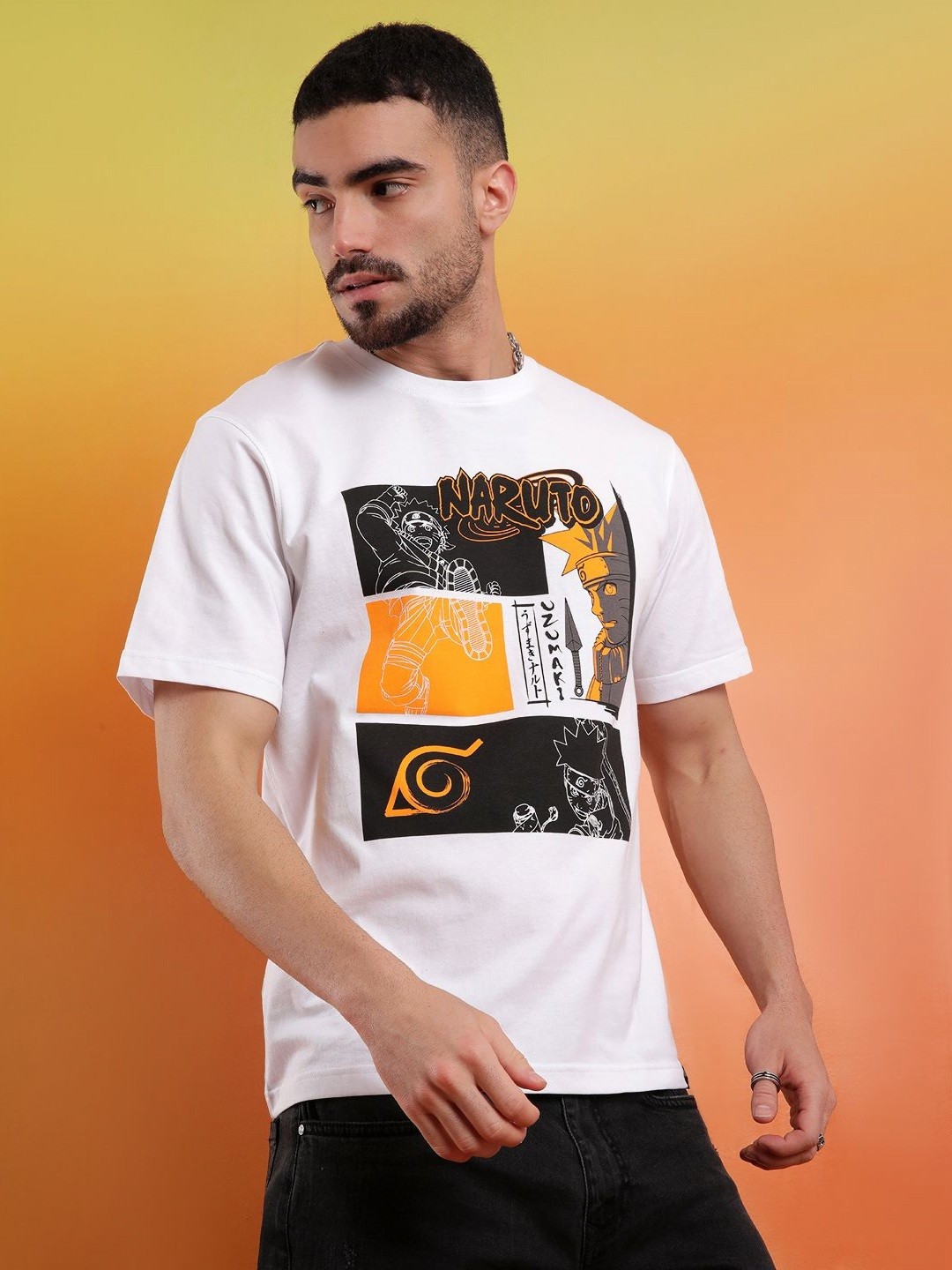 

WROGN Men Naruto Graphic Printed Round Neck Pure Cotton Relaxed Fit T-shirt, White