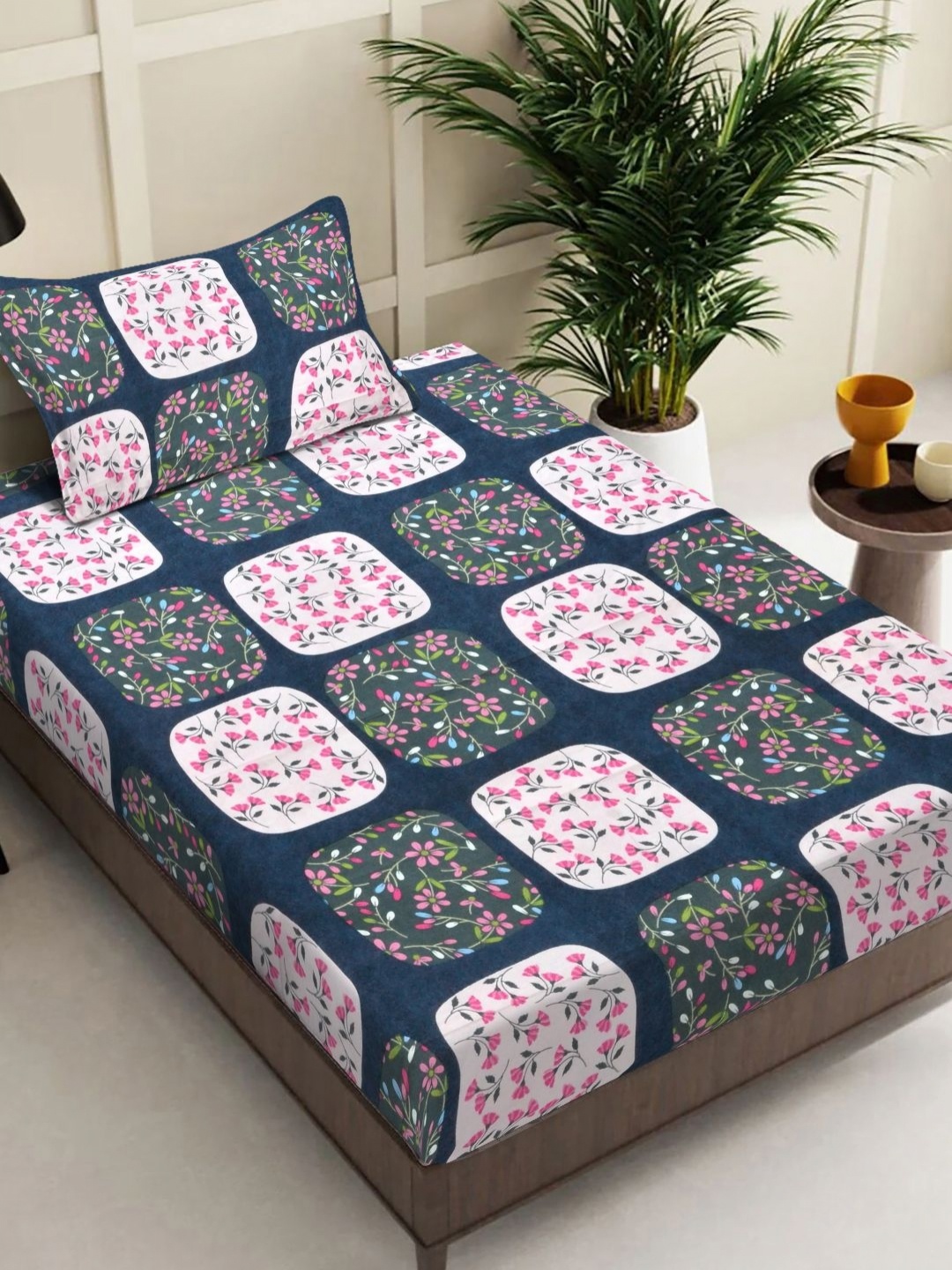 

FABINALIV Navy Blue Floral 300 TC Single Bedsheet With 1 Pillow Cover 2.20 m X 1.50 m