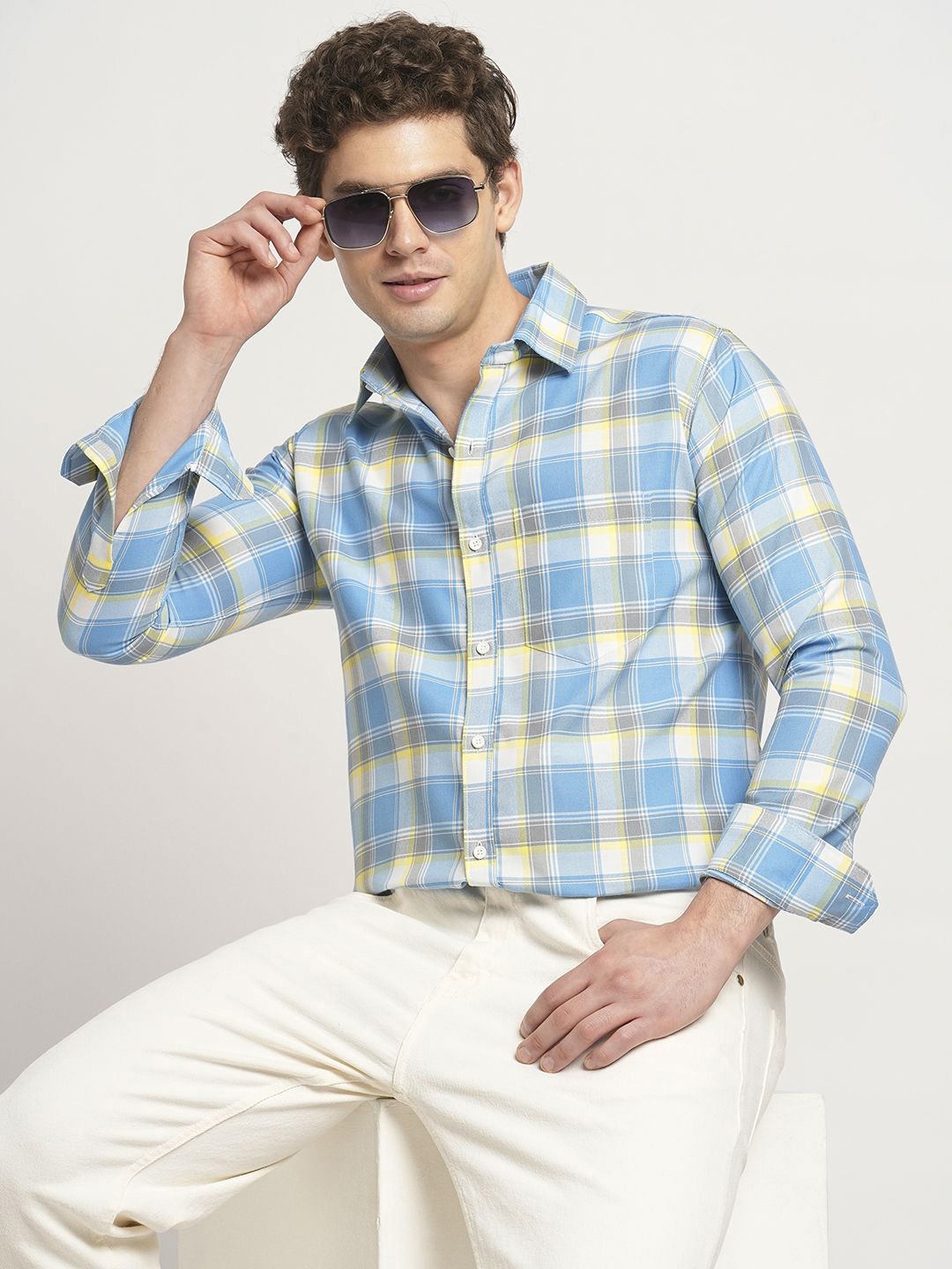 

TRYBUY.IN Men Standard Spread Collar Tartan Checked Cotton Casual Shirt, Blue
