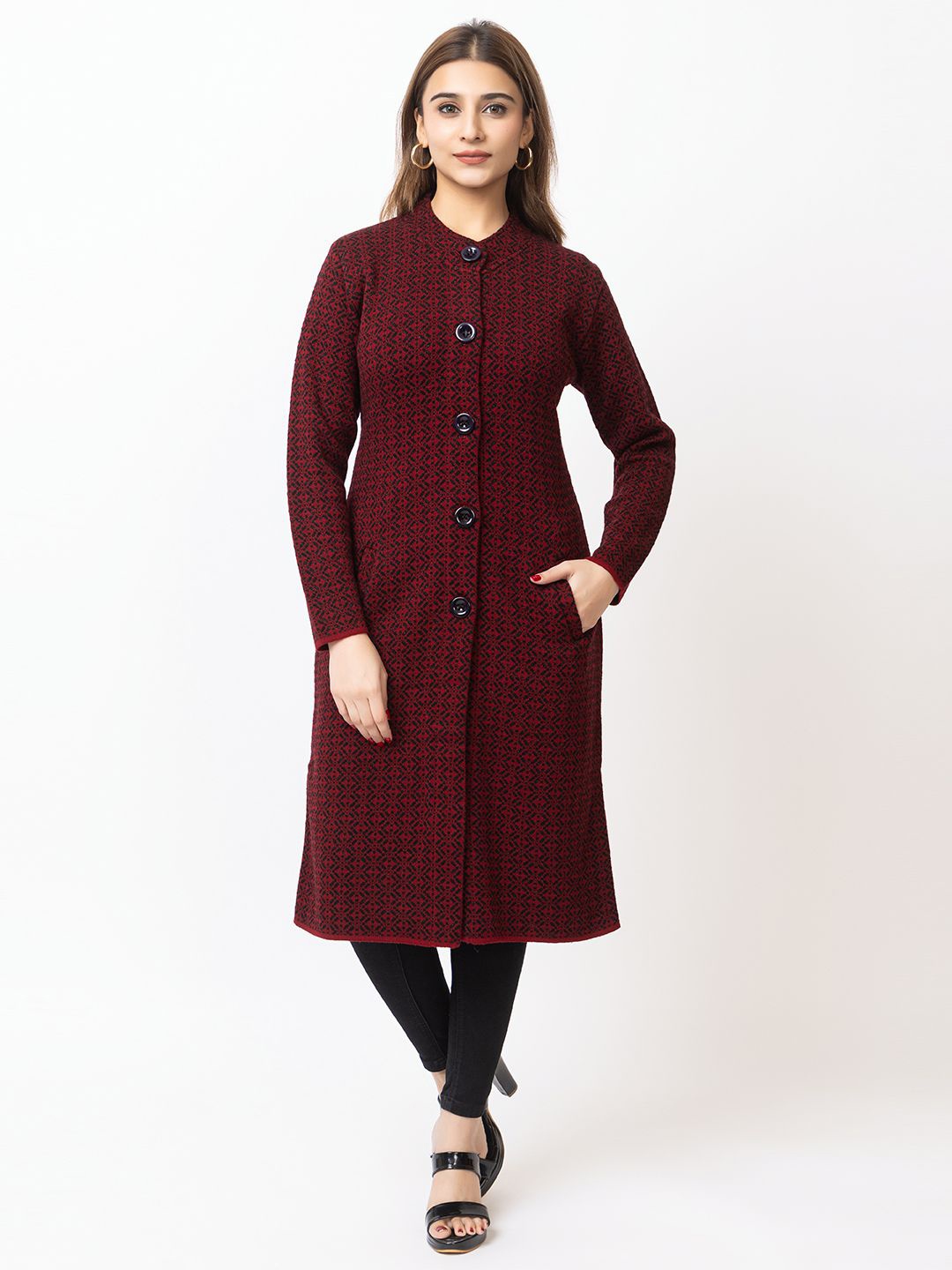 

TWENTY ME Women Embroidered Self Design Round Neck Cardigan Sweater, Maroon