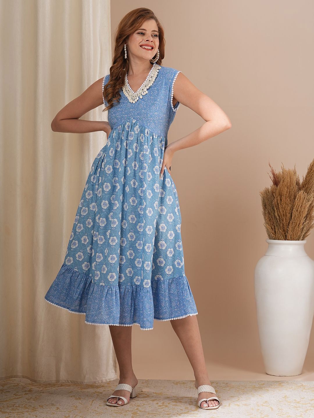 

FASHOR Women Floral Print A-Line Midi Dress, Blue
