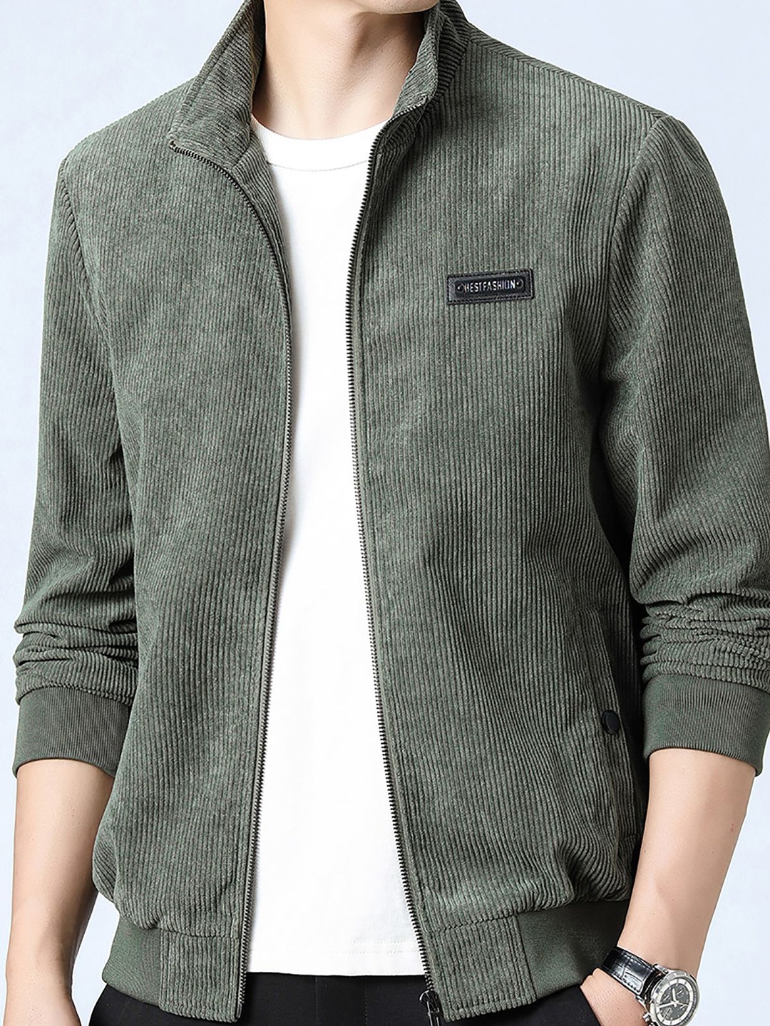 

StyleCast x Revolte Men Mock Collar Self Design Casual Windcheater Jacket, Green