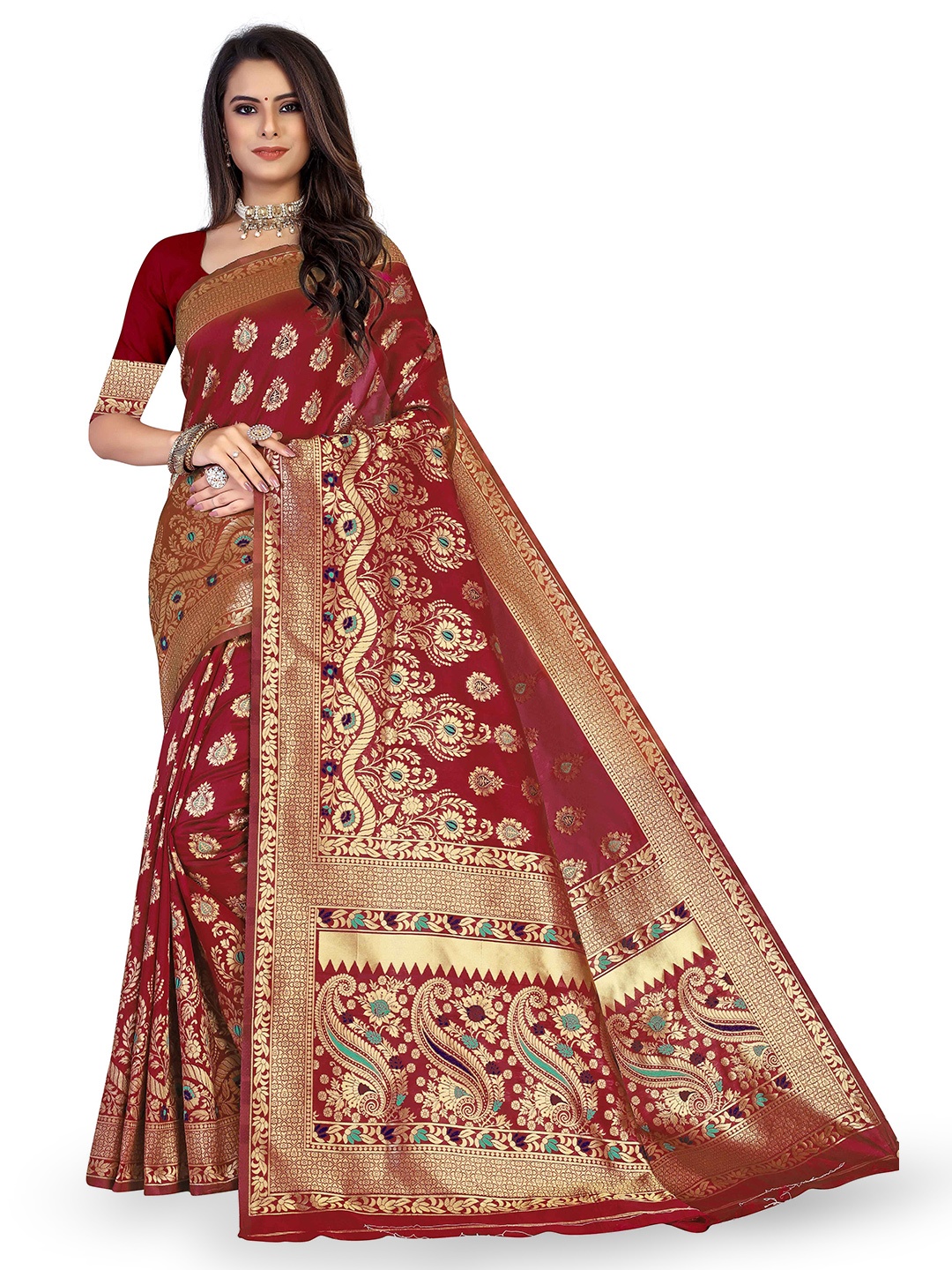 

Maroosh Floral Zari Silk Blend Fusion Banarasi Saree, Maroon