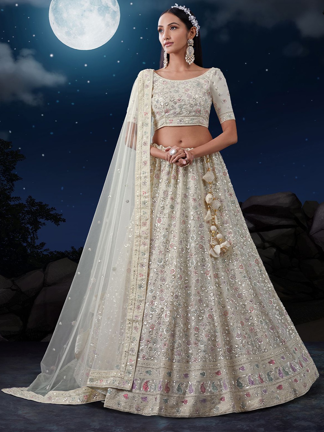 

ODETTE Embroidered Sequinned Semi-Stitched Lehenga & Blouse With Dupatta, Off white