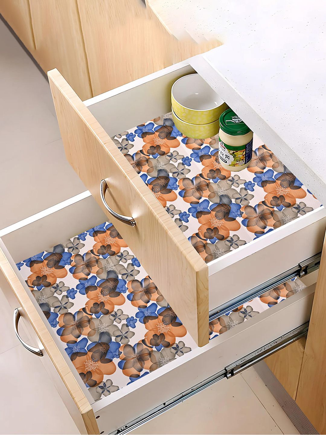 

Kuber Industries Orange & Blue 3 Pieces Printed Water Resistant Shelf Liner Organisers